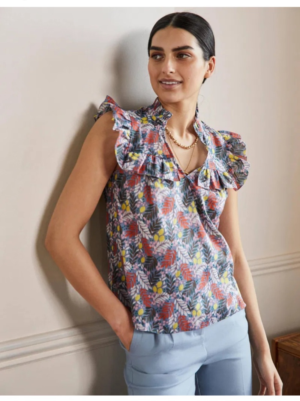 Boden Floral Ruffle Sleeveless Top in Coral, Yellow & Blue Lemon Print Size 4
